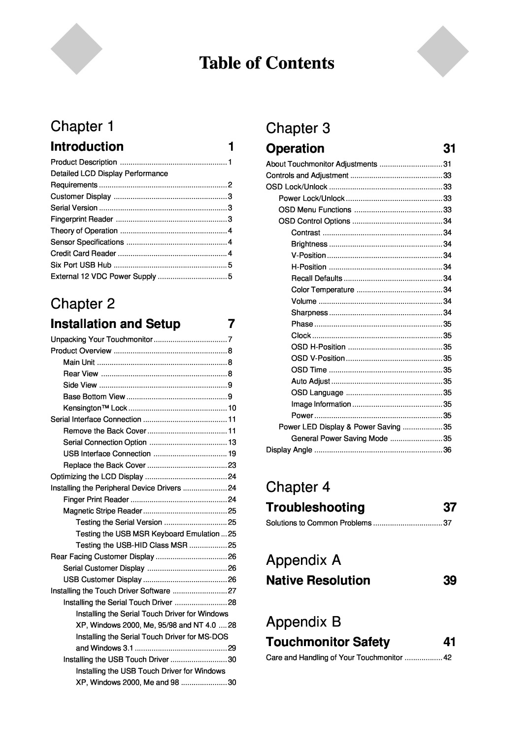 Tyco Electronics 1229L Table of Contents, Chapter, Appendix A, Appendix B, Introduction, Installation and Setup, Operation 