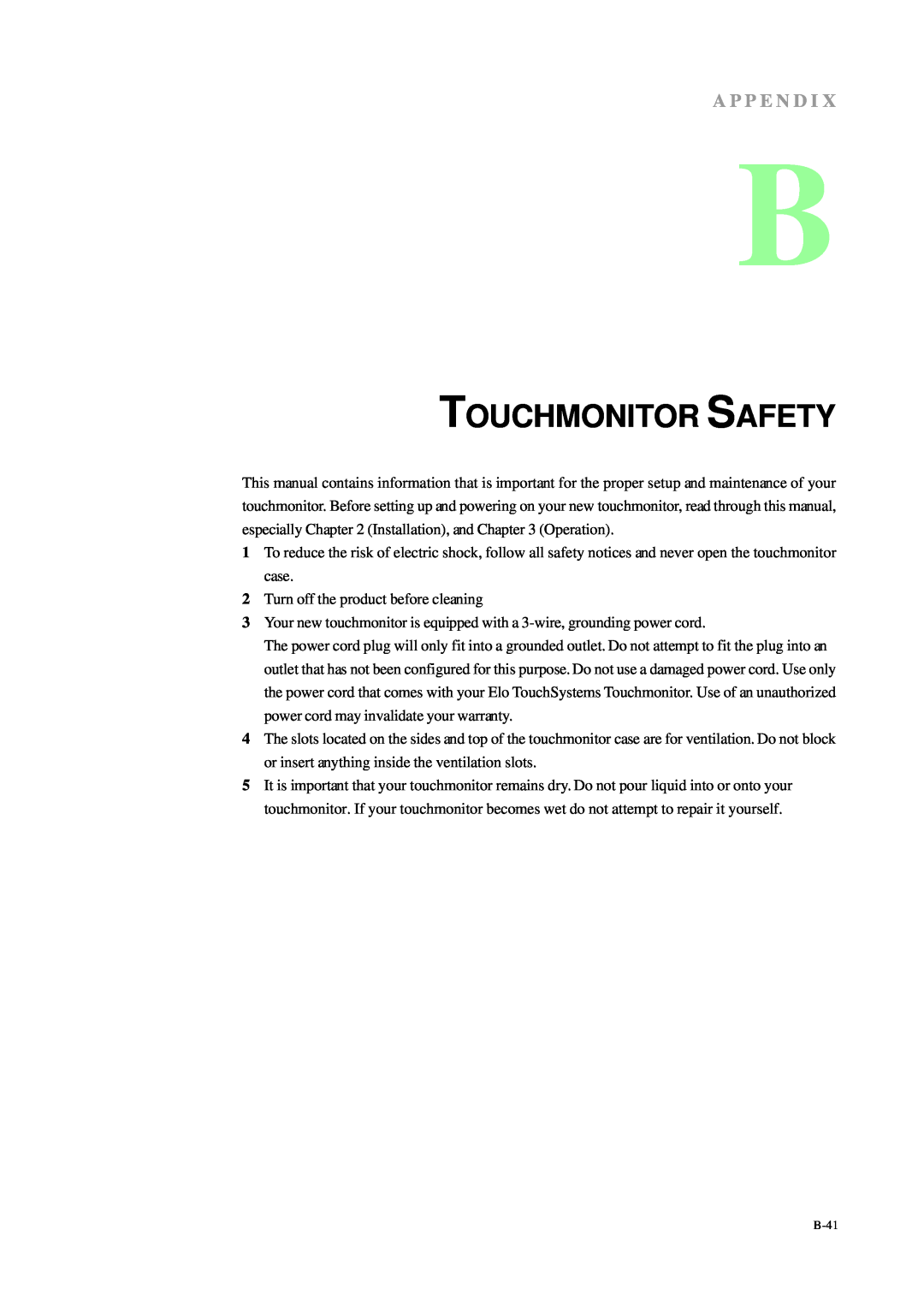 Tyco Electronics 1229L manual Touchmonitor Safety, A P P E N D I 