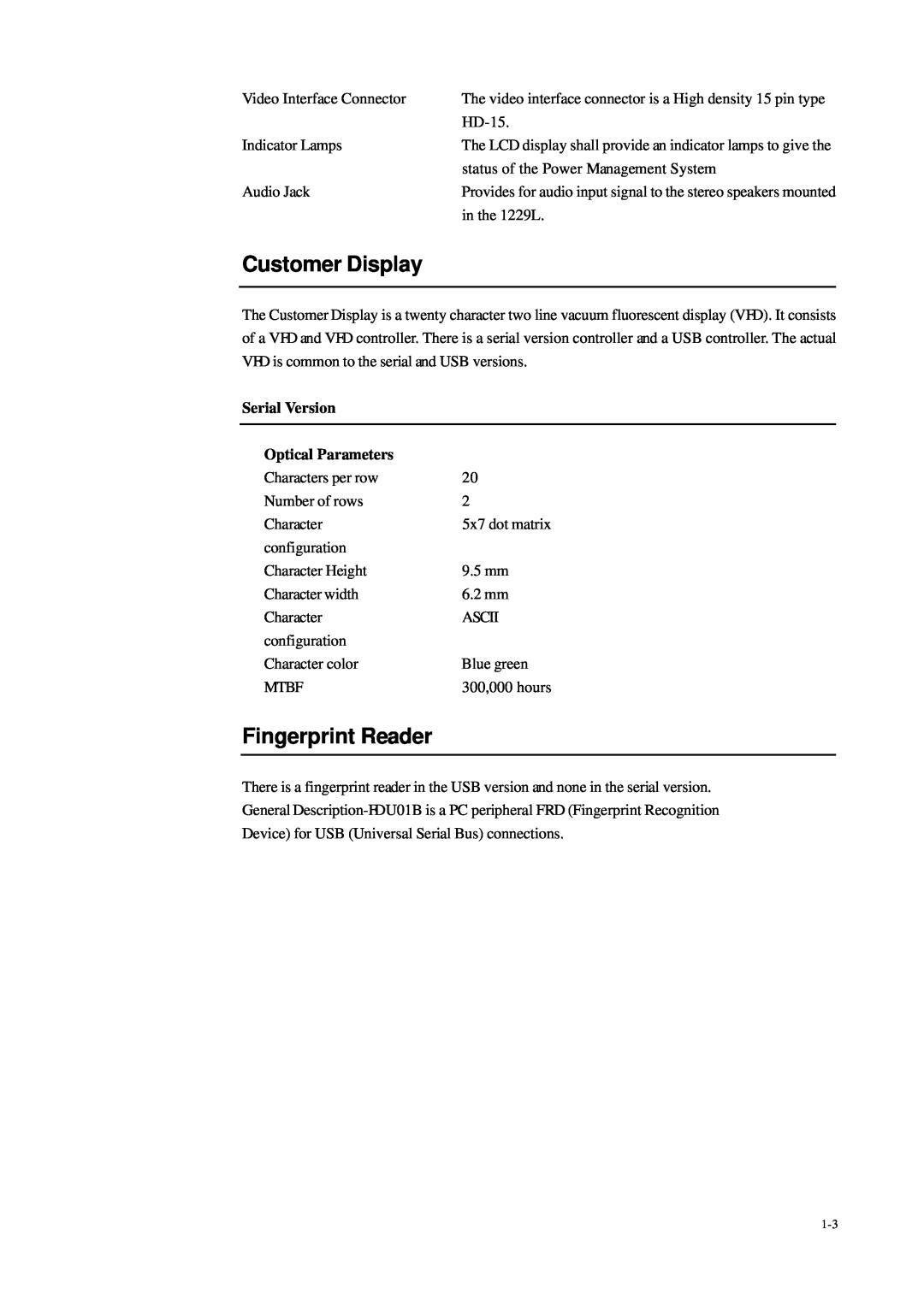 Tyco Electronics 1229L manual Customer Display, Fingerprint Reader, Serial Version, Optical Parameters 