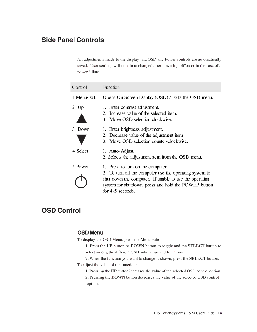 Tyco Electronics 1520 manual Side Panel Controls, OSD Control, OSD Menu 