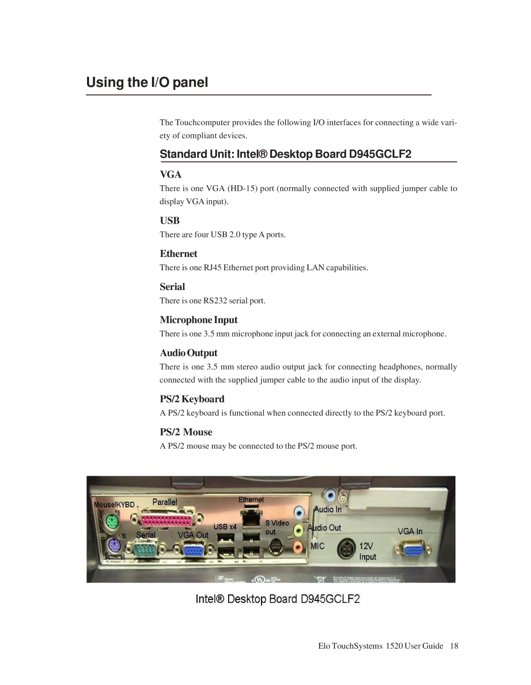 Tyco Electronics 1520 manual Using the I/O panel, Standard Unit Intel Desktop Board D945GCLF2 