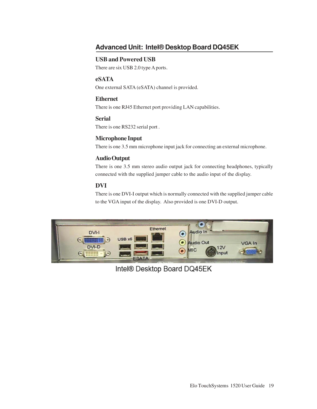 Tyco Electronics 1520 manual Advanced Unit Intel Desktop Board DQ45EK, USB and Powered USB, Esata 