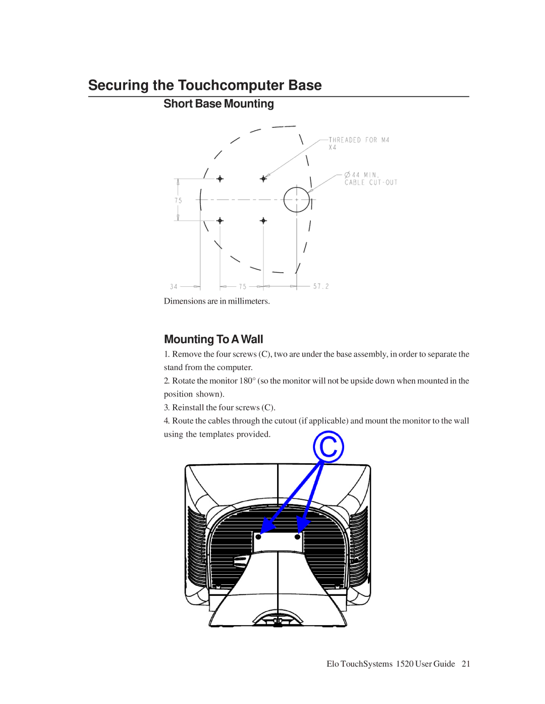 Tyco Electronics 1520 manual Securing the Touchcomputer Base, Short Base Mounting, Mounting To a Wall 