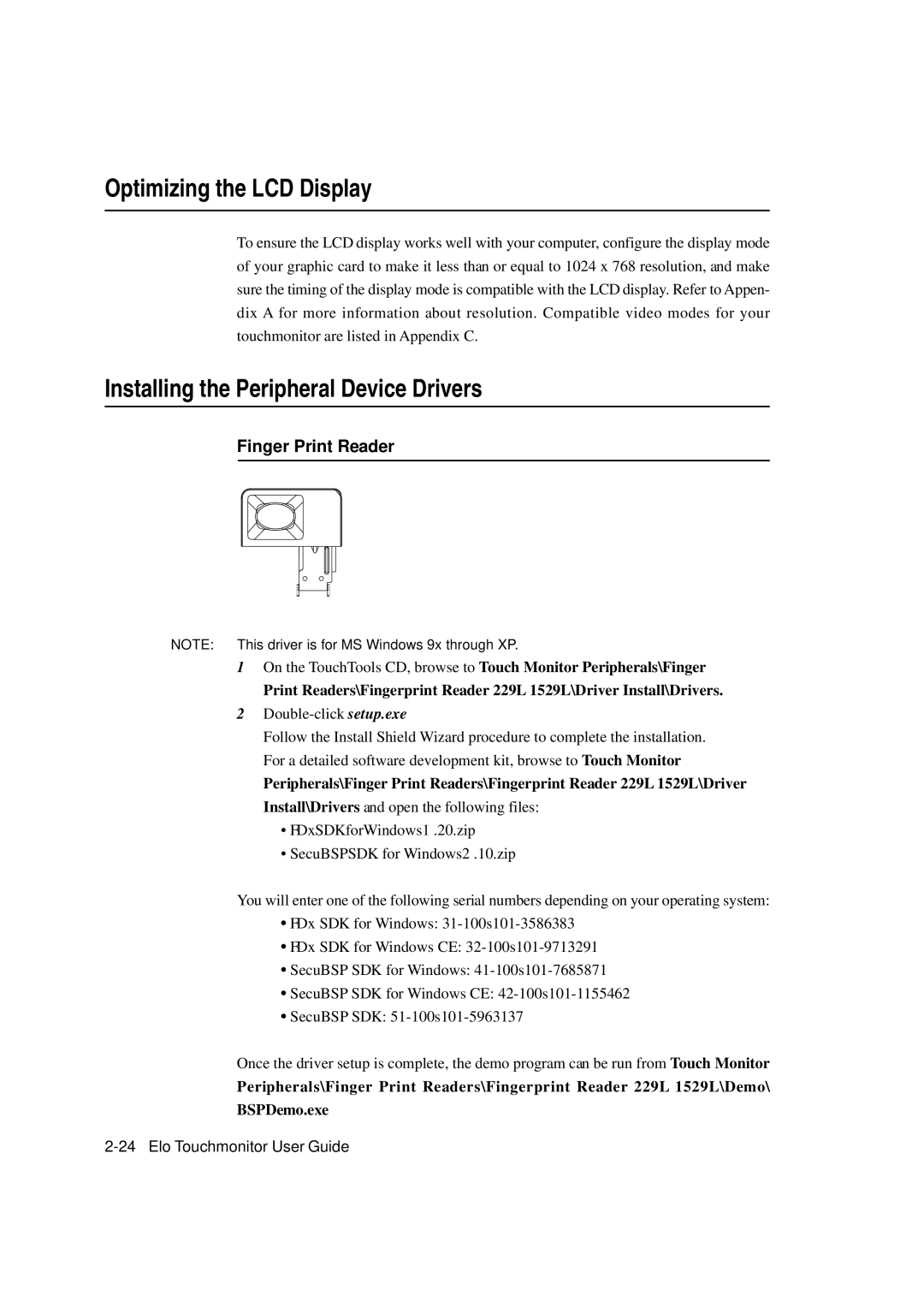 Tyco Electronics 1529L manual Optimizing the LCD Display, Installing the Peripheral Device Drivers, Finger Print Reader 