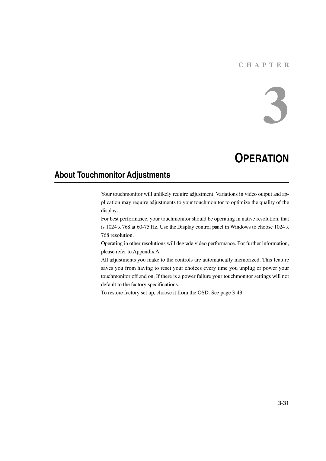 Tyco Electronics 1529L manual Operation, About Touchmonitor Adjustments 