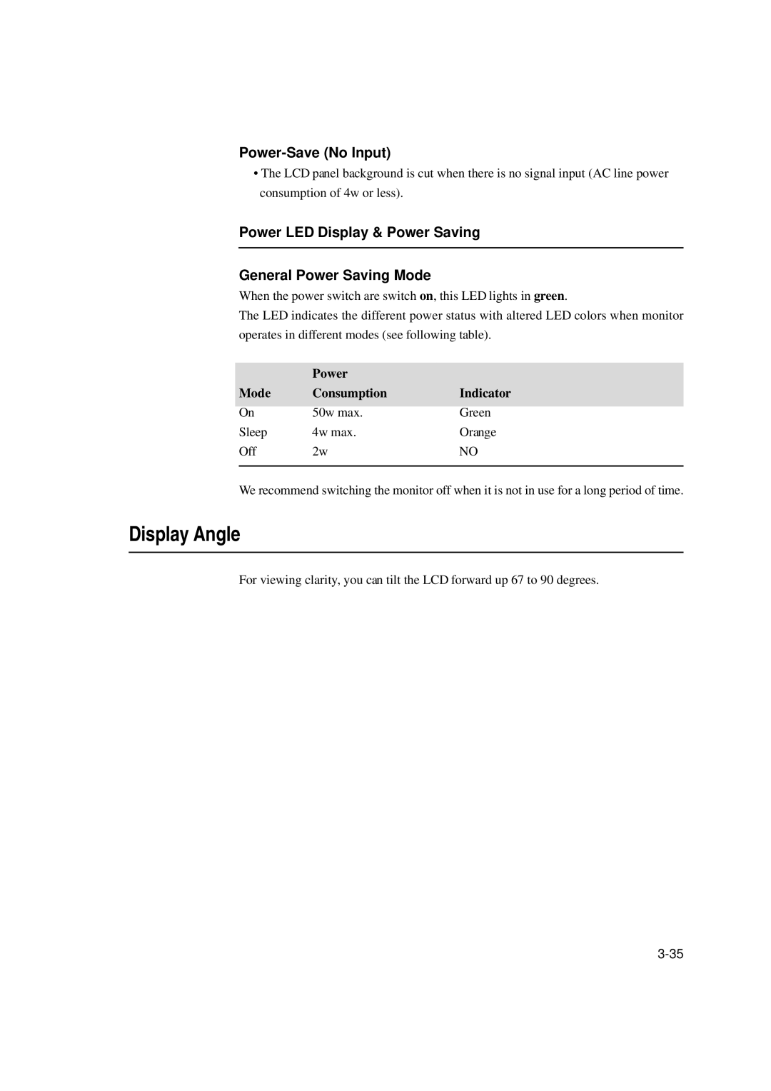 Tyco Electronics 1529L Display Angle, Power-Save No Input, Power LED Display & Power Saving General Power Saving Mode 