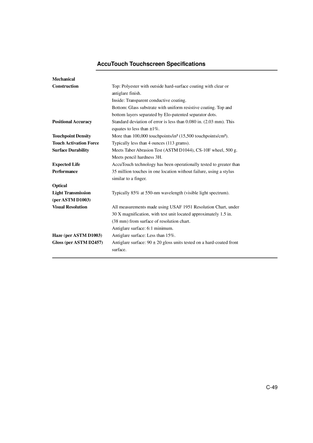 Tyco Electronics 1529L manual AccuTouch Touchscreen Specifications, Mechanical Construction 