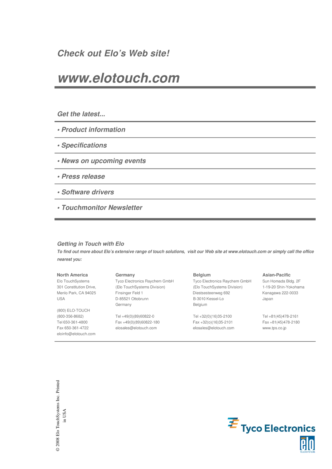 Tyco Electronics 1529L manual Check out Elo’s Web site 