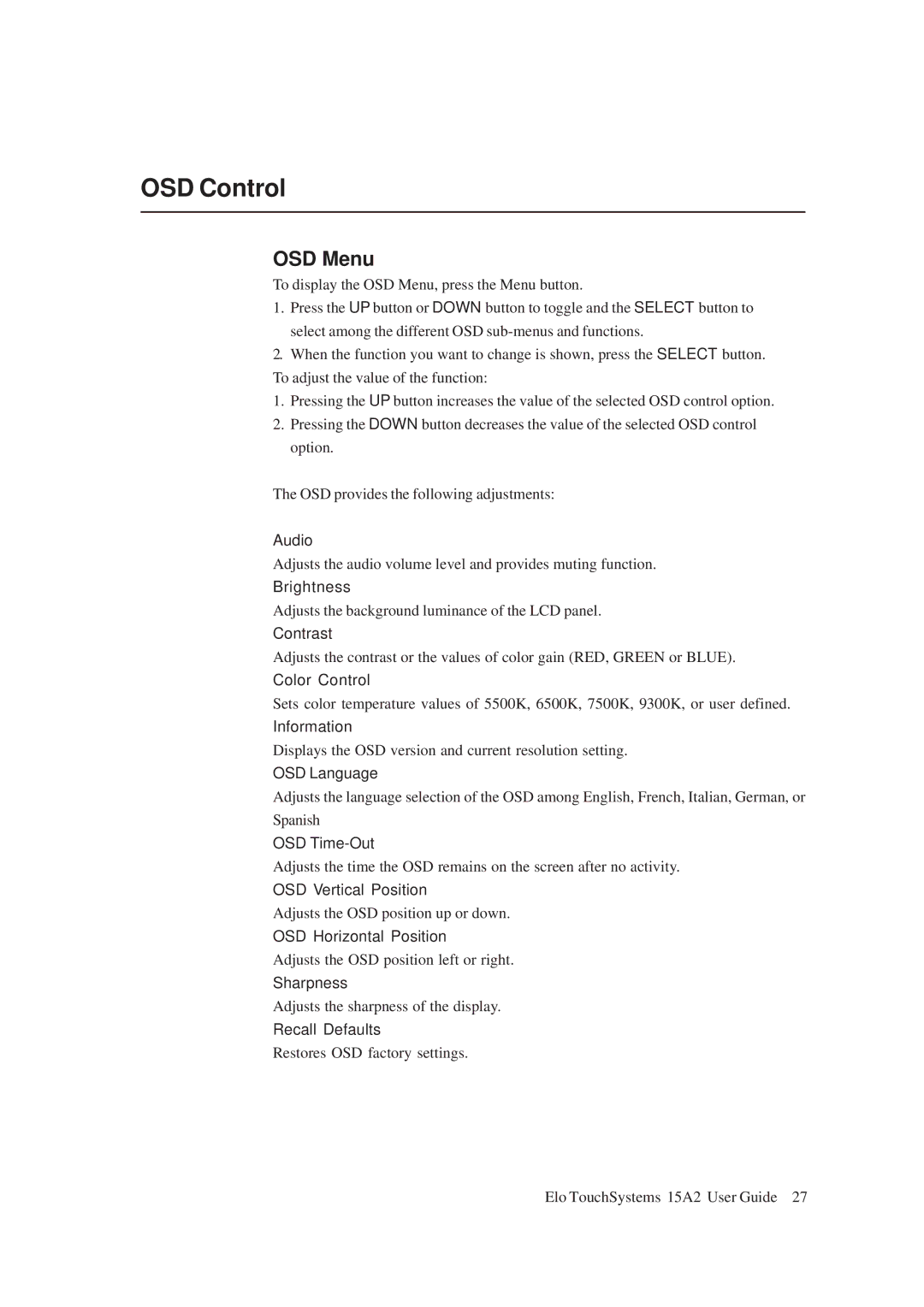 Tyco Electronics 15A2 manual OSD Control, OSD Menu 