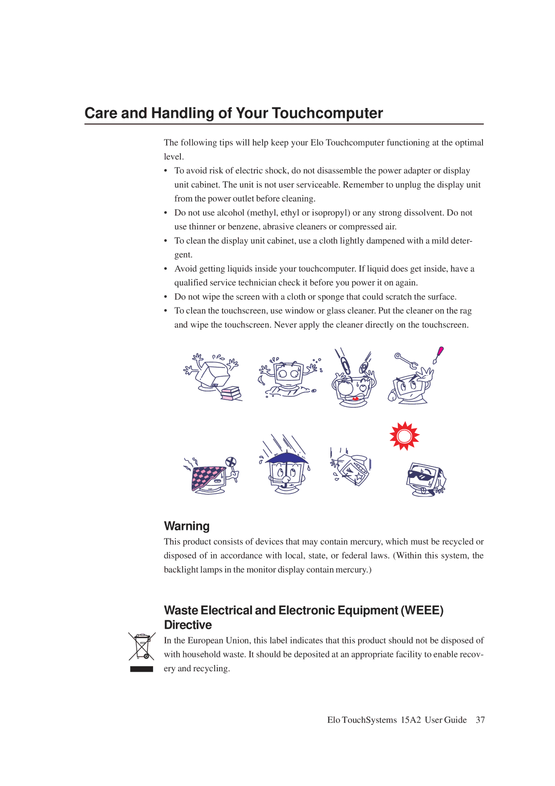 Tyco Electronics 15A2 Care and Handling of Your Touchcomputer, Waste Electrical and Electronic Equipment Weee Directive 