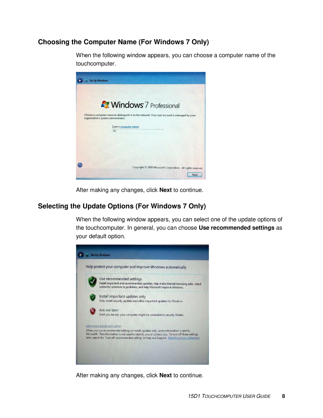 Tyco Electronics 15D1 manual Choosing the Computer Name For Windows 7 Only, Selecting the Update Options For Windows 7 Only 