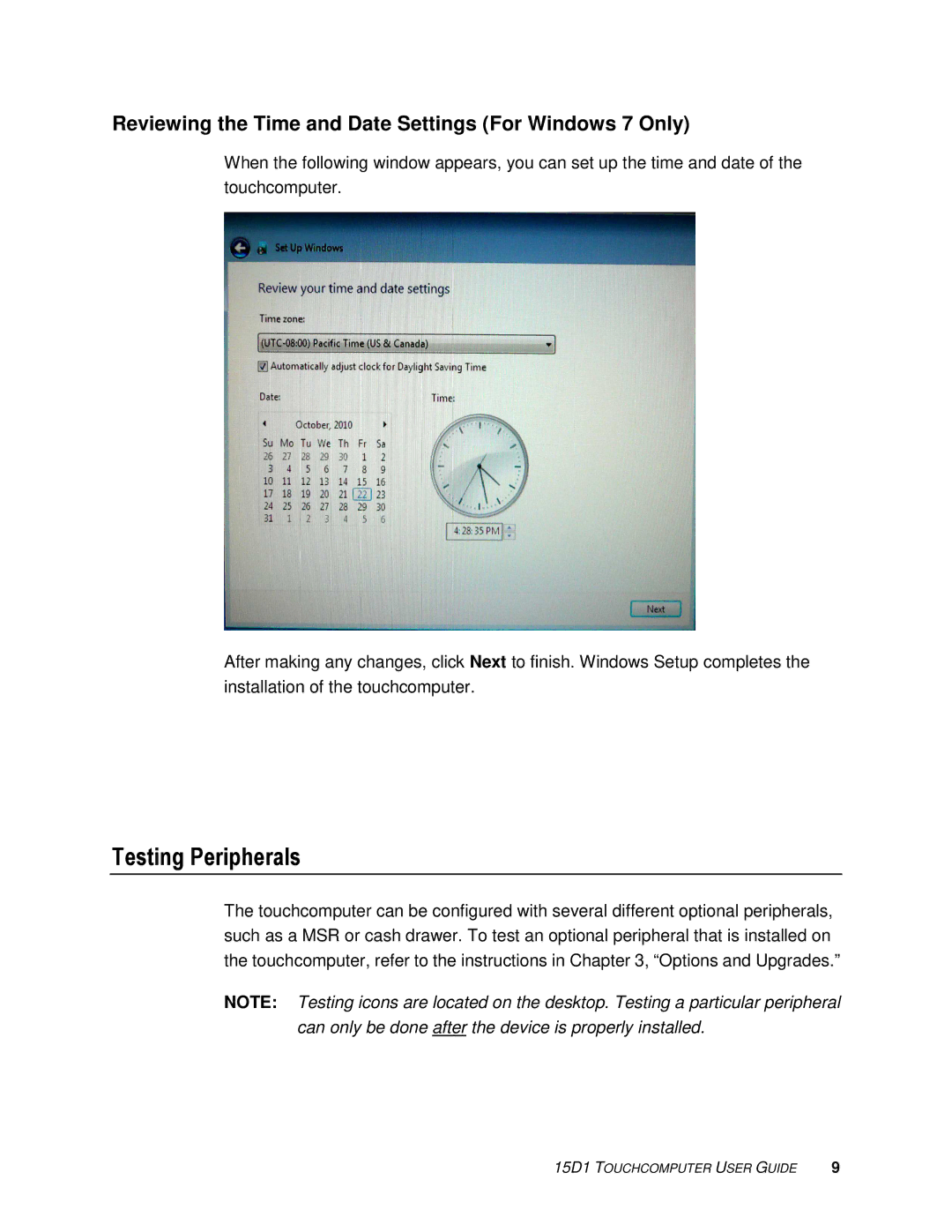 Tyco Electronics 15D1 manual Testing Peripherals, Reviewing the Time and Date Settings For Windows 7 Only 