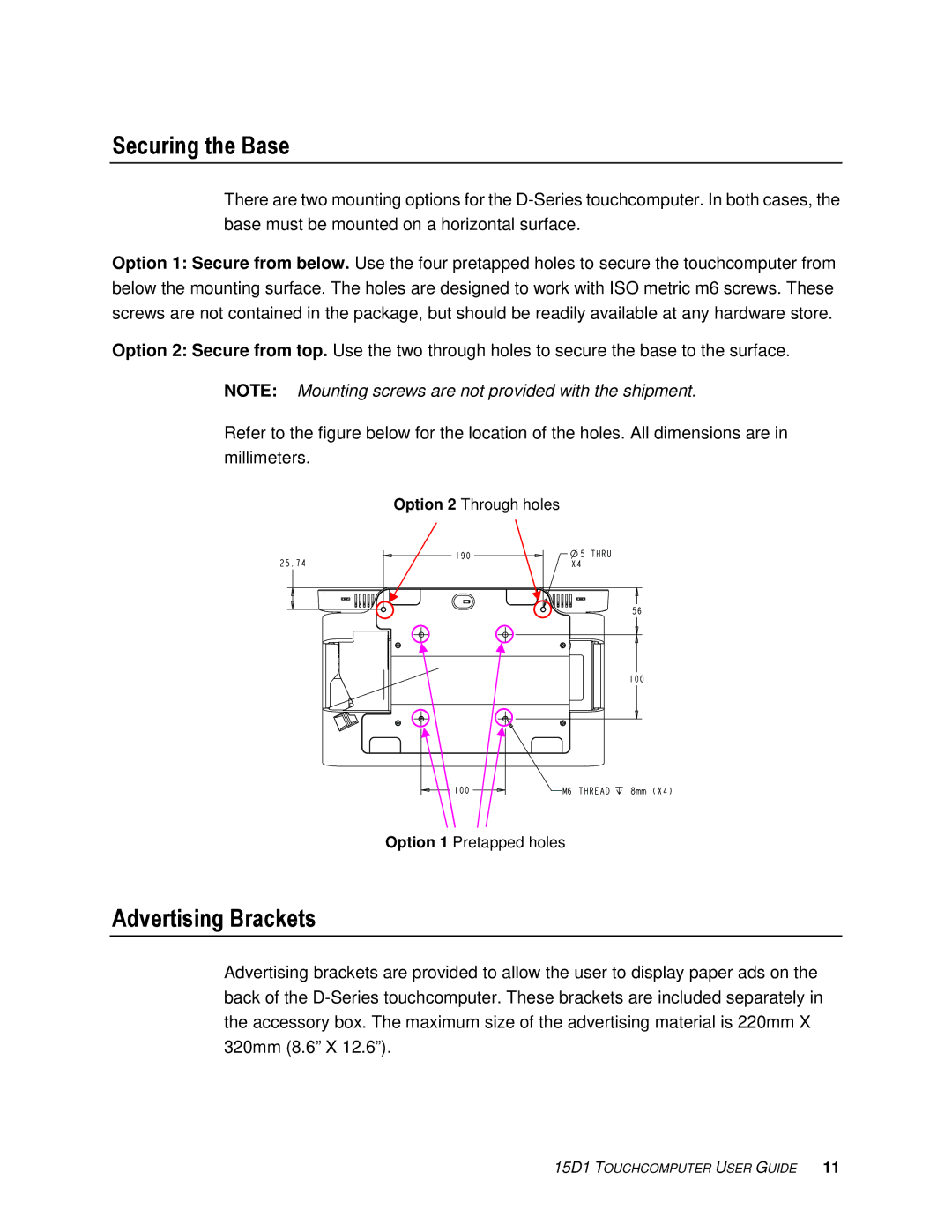 Tyco Electronics 15D1 manual Securing the Base, Advertising Brackets 