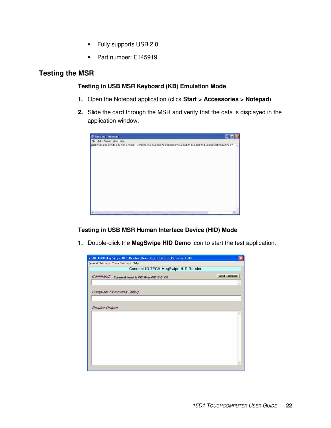 Tyco Electronics 15D1 manual Testing the MSR, Testing in USB MSR Keyboard KB Emulation Mode 