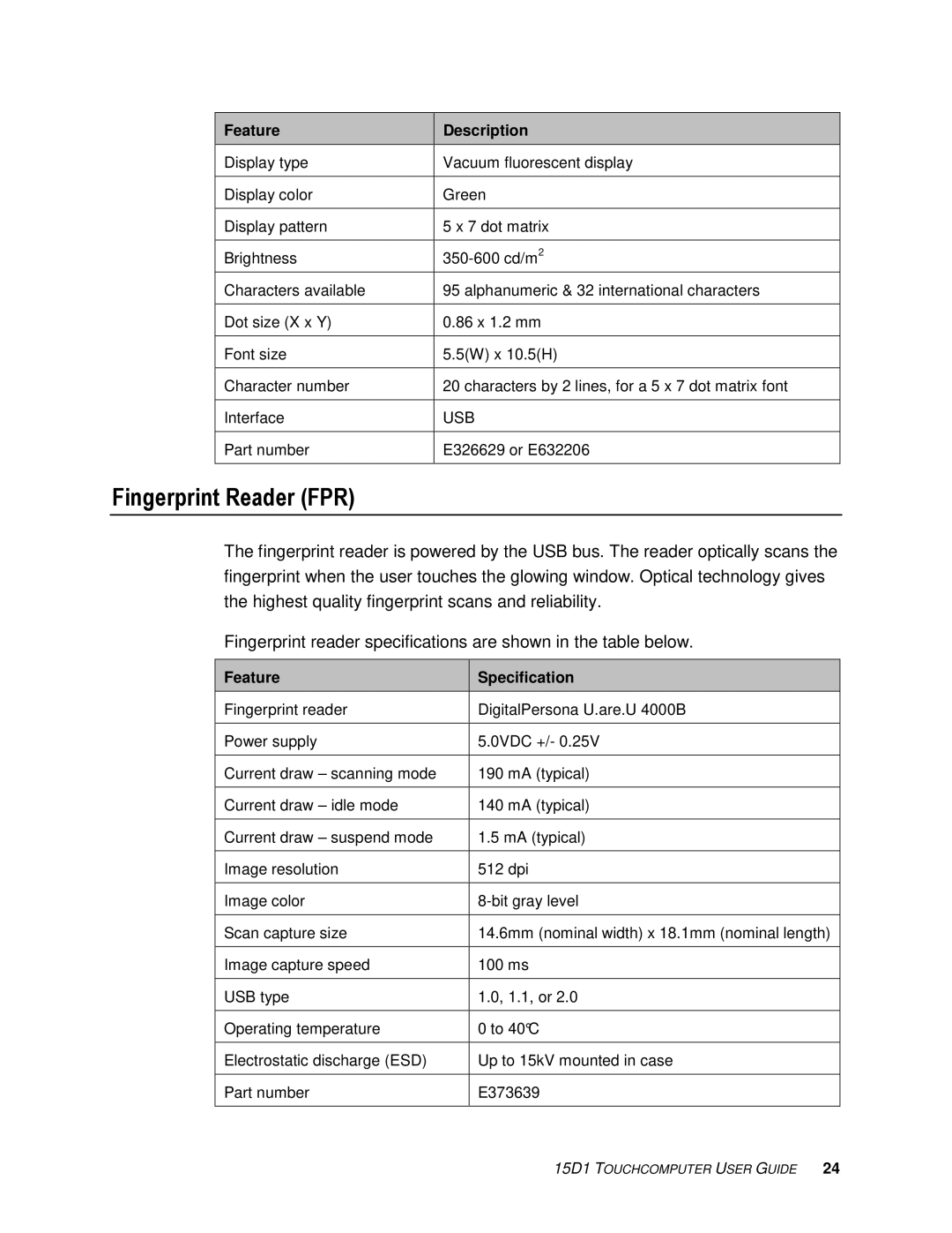 Tyco Electronics 15D1 manual Fingerprint Reader FPR, Feature Specification 