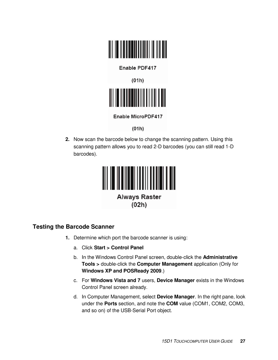 Tyco Electronics 15D1 manual Testing the Barcode Scanner, Click Start Control Panel 