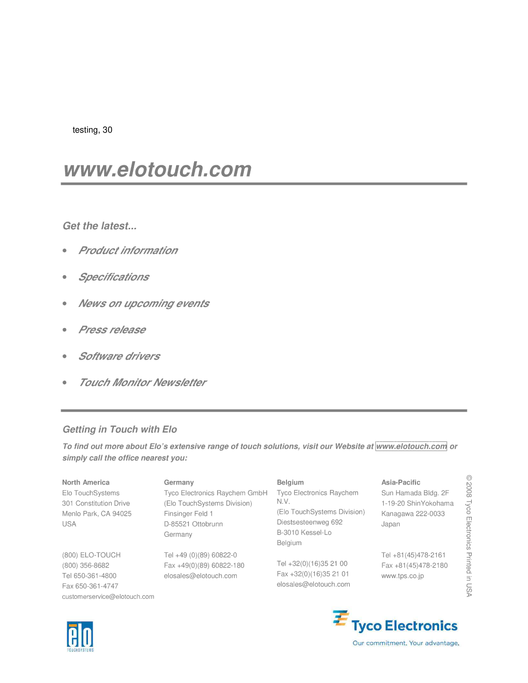 Tyco Electronics 15D1 manual Getting in Touch with Elo 