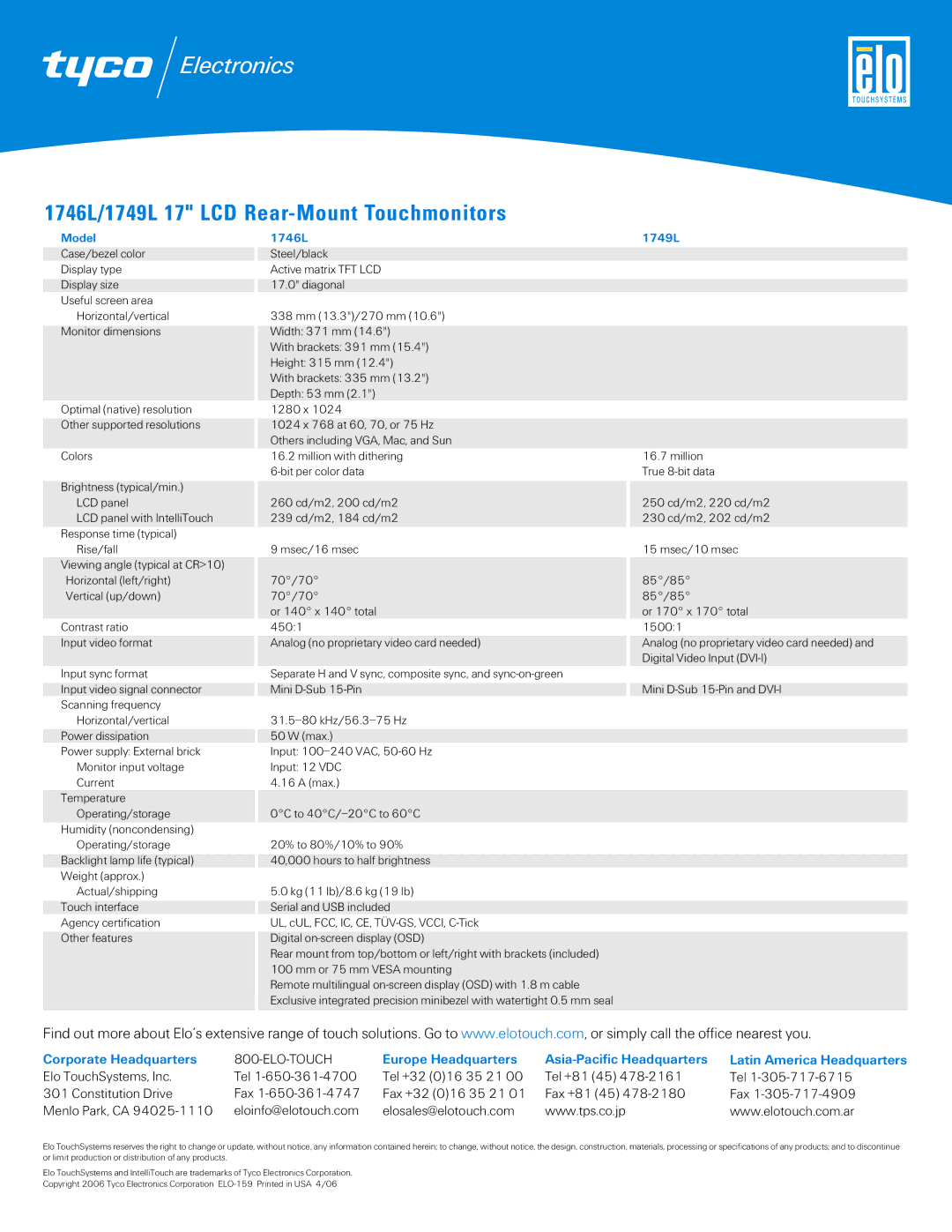 Tyco Electronics specifications 1746L/1749L 17 LCD Rear-Mount Touchmonitors, Corporate Headquarters, Model 1746L 