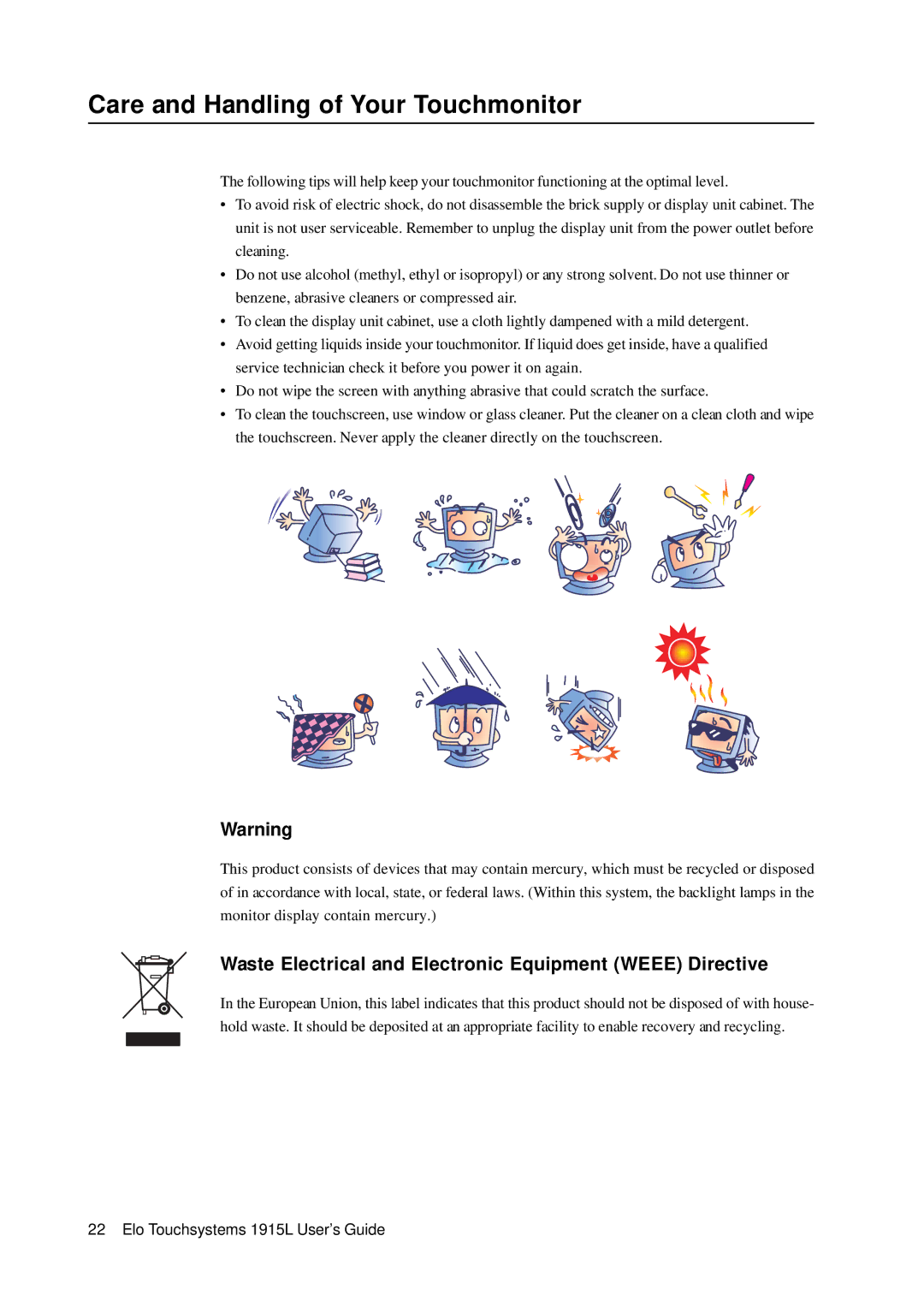 Tyco Electronics 1915L Care and Handling of Your Touchmonitor, Waste Electrical and Electronic Equipment Weee Directive 