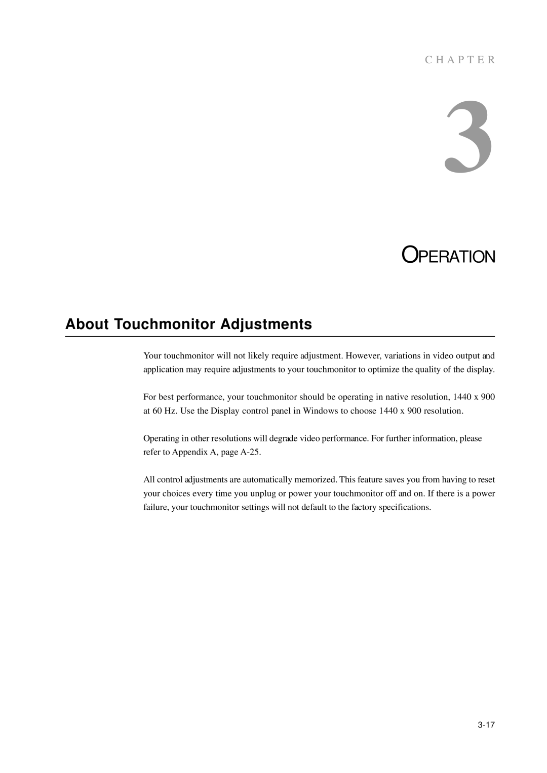 Tyco Electronics 1938L manual Operation, About Touchmonitor Adjustments 