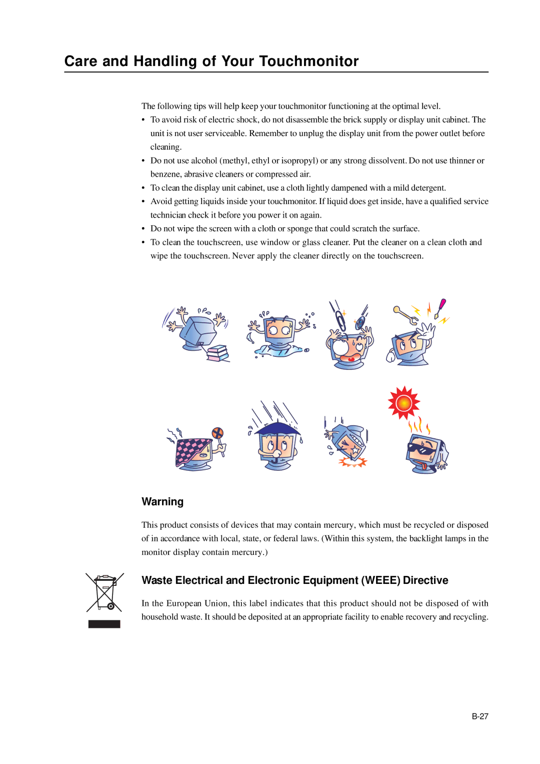 Tyco Electronics 1938L Care and Handling of Your Touchmonitor, Waste Electrical and Electronic Equipment Weee Directive 