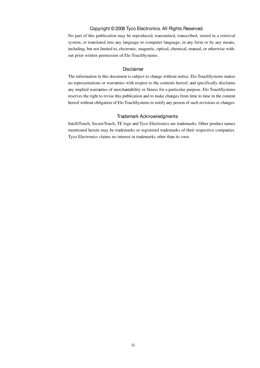 Tyco Electronics 1938L manual Copyright 2008 Tyco Electronics. All Rights Reserved, Disclaimer, Trademark Acknowledgments 