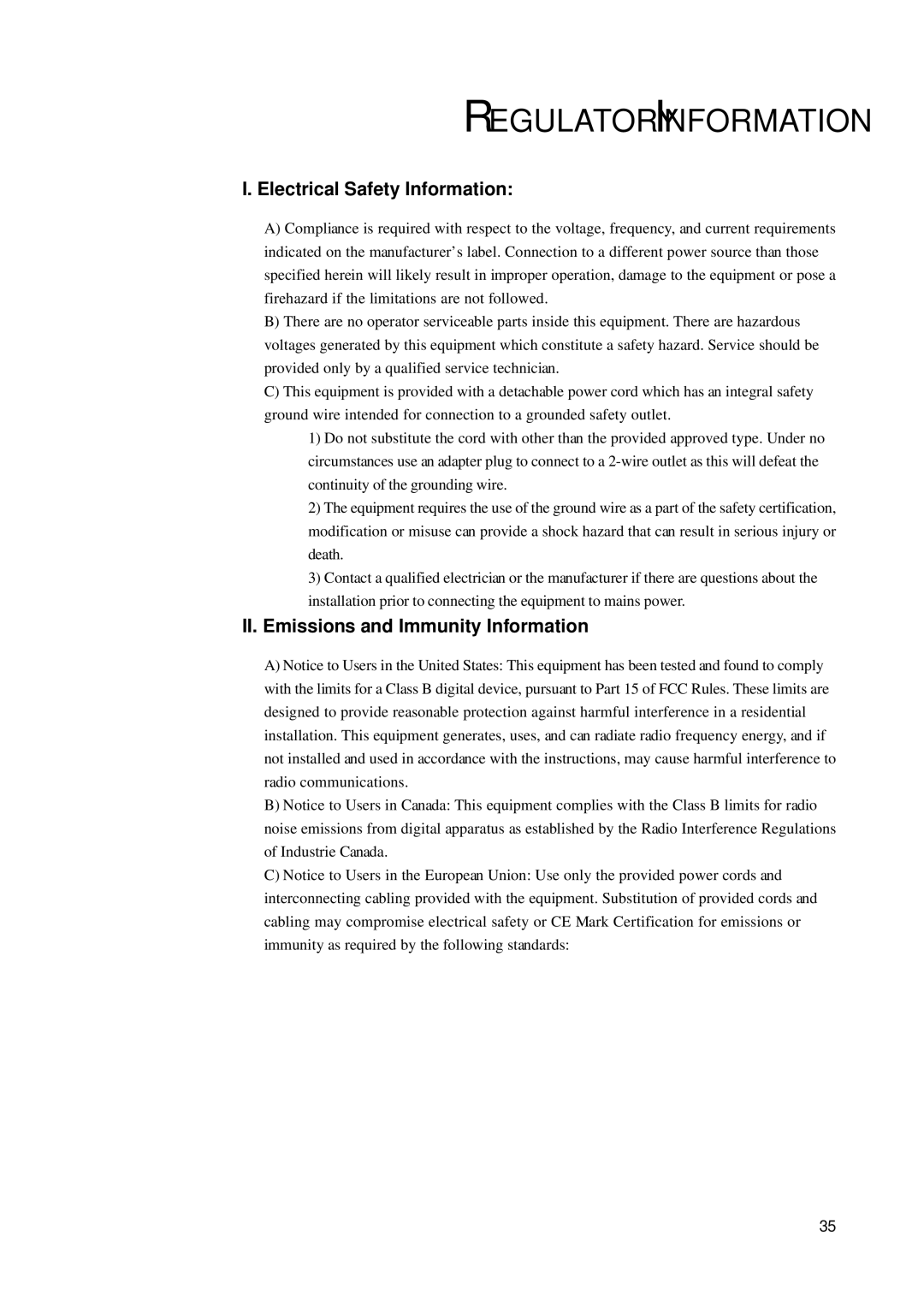 Tyco Electronics 1938L manual Regulatory Information, Electrical Safety Information, II. Emissions and Immunity Information 