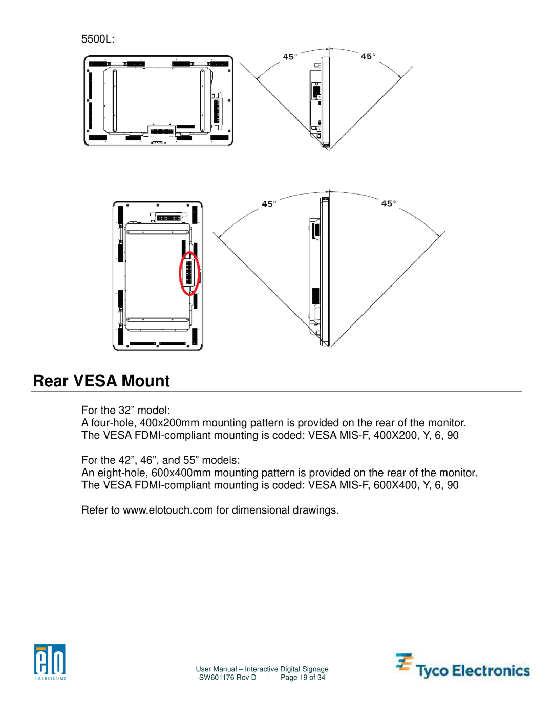 Tyco Electronics 4600L, 5500L, 4200L, 3200L user manual Rear Vesa Mount 