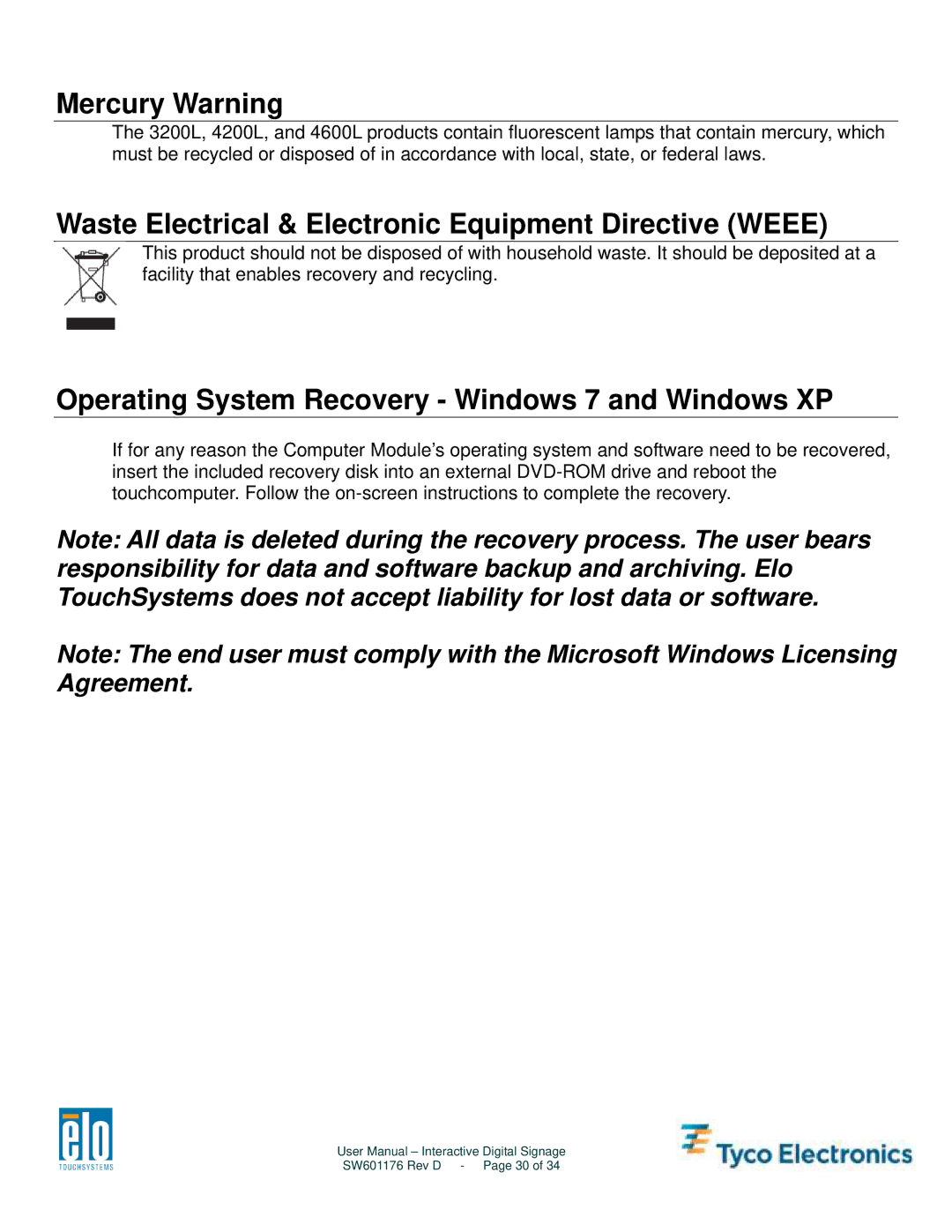 Tyco Electronics 3200L, 5500L, 4200L, 4600L Mercury Warning, Waste Electrical & Electronic Equipment Directive Weee 