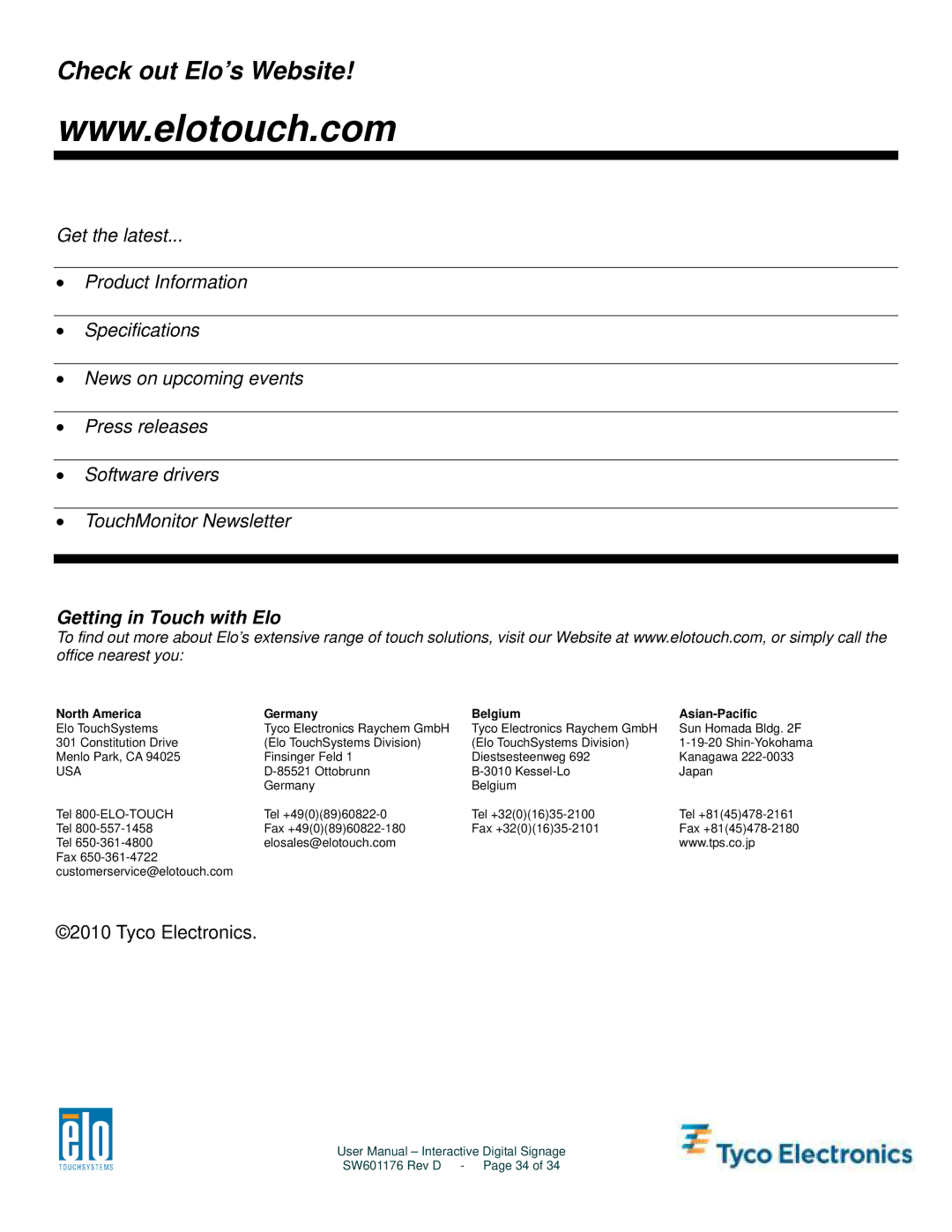 Tyco Electronics 3200L, 5500L, 4200L, 4600L user manual Check out Elo’s Website 