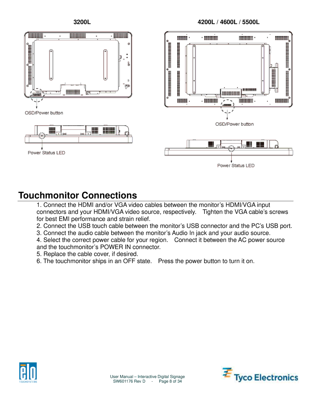 Tyco Electronics user manual Touchmonitor Connections, 3200L 4200L / 4600L / 5500L 