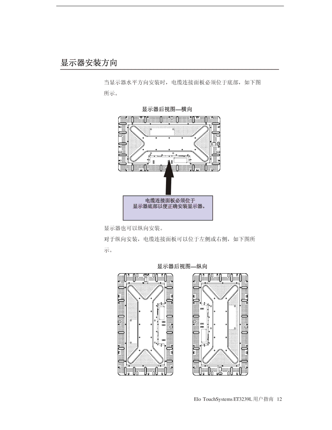 Tyco Electronics E773282 manual 显示器安装方向, 显示器后视图-横向, 显示器后视图-纵向 