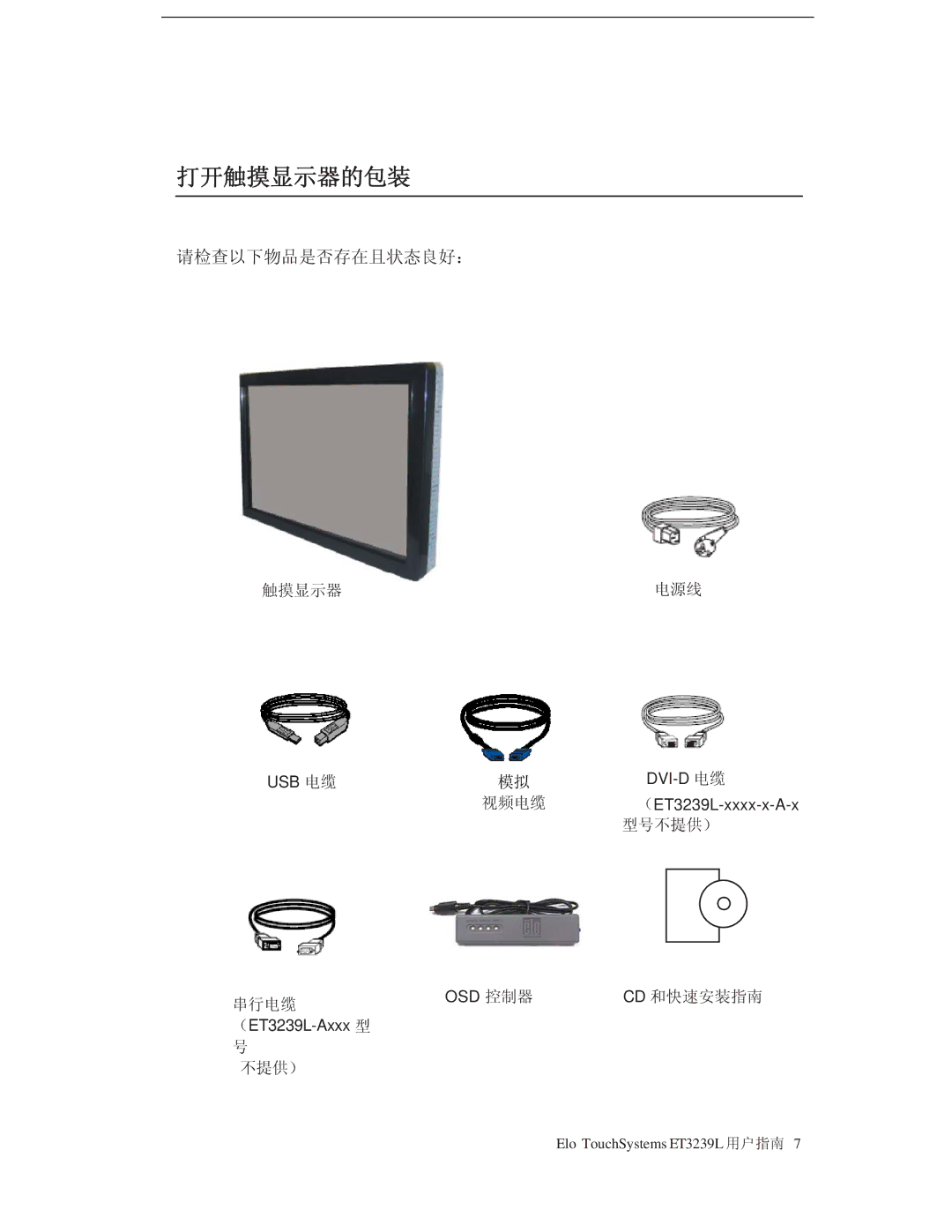 Tyco Electronics E773282 manual 打开触摸显示器的包装, 请检查以下物品是否存在且状态良好： 