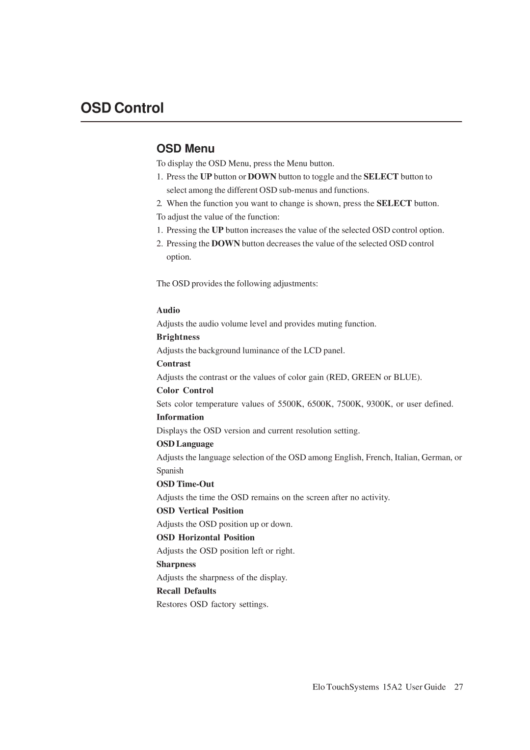 Tyco Electronics 15A2 15" LCD Multifuntion Touchcomputer, ESY15A2 manual OSD Control, OSD Menu 