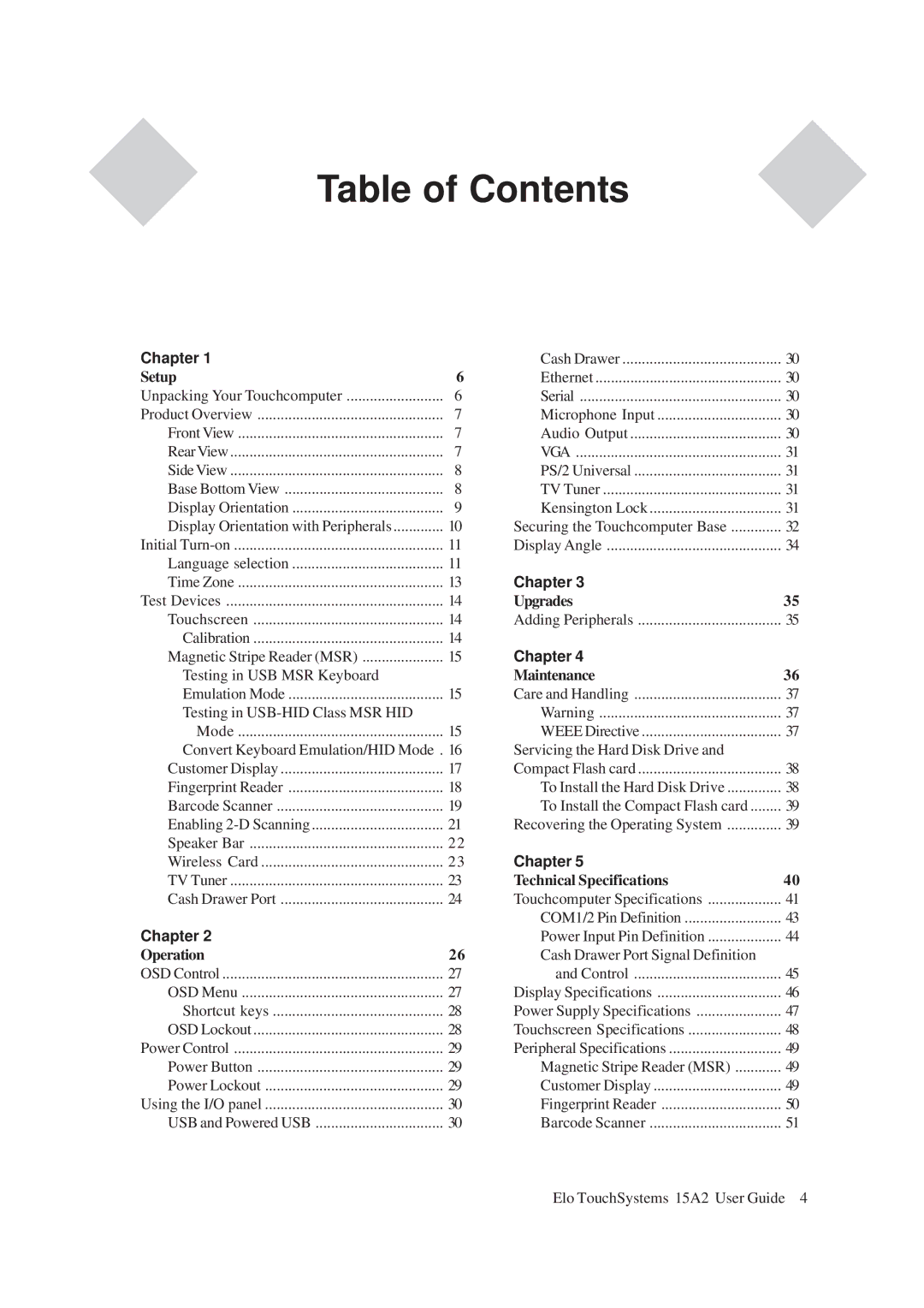 Tyco Electronics ESY15A2, 15A2 15 LCD Multifuntion Touchcomputer manual Table of Contents 