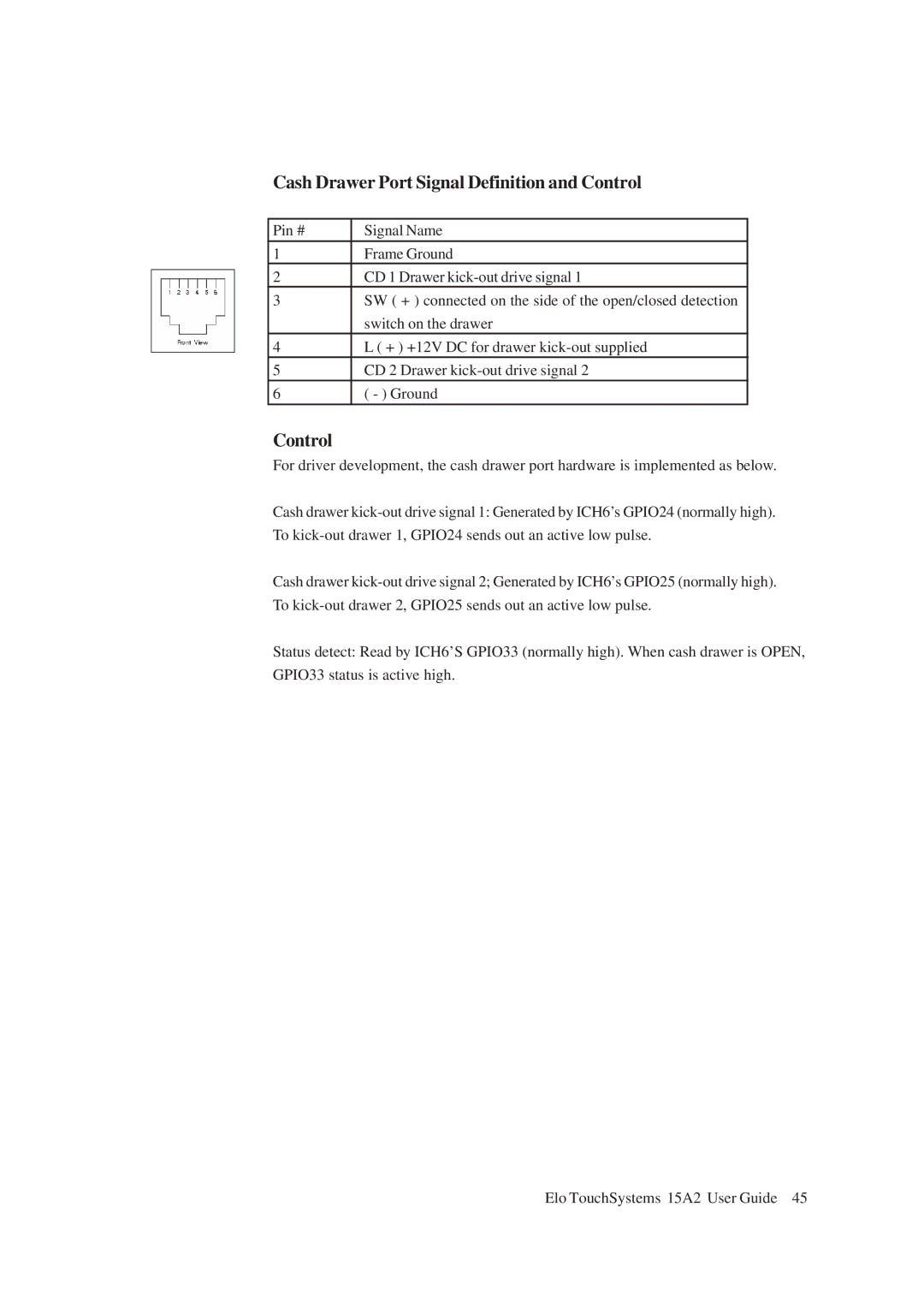 Tyco Electronics 15A2 15" LCD Multifuntion Touchcomputer, ESY15A2 manual Cash Drawer Port Signal Definition and Control 