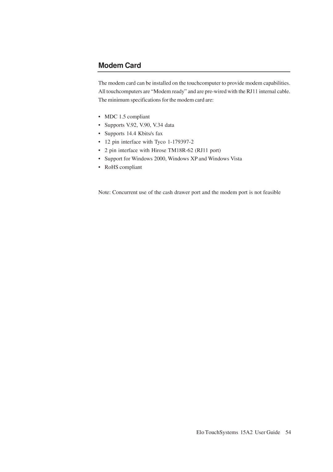 Tyco Electronics ESY15A2, 15A2 15" LCD Multifuntion Touchcomputer manual Modem Card 