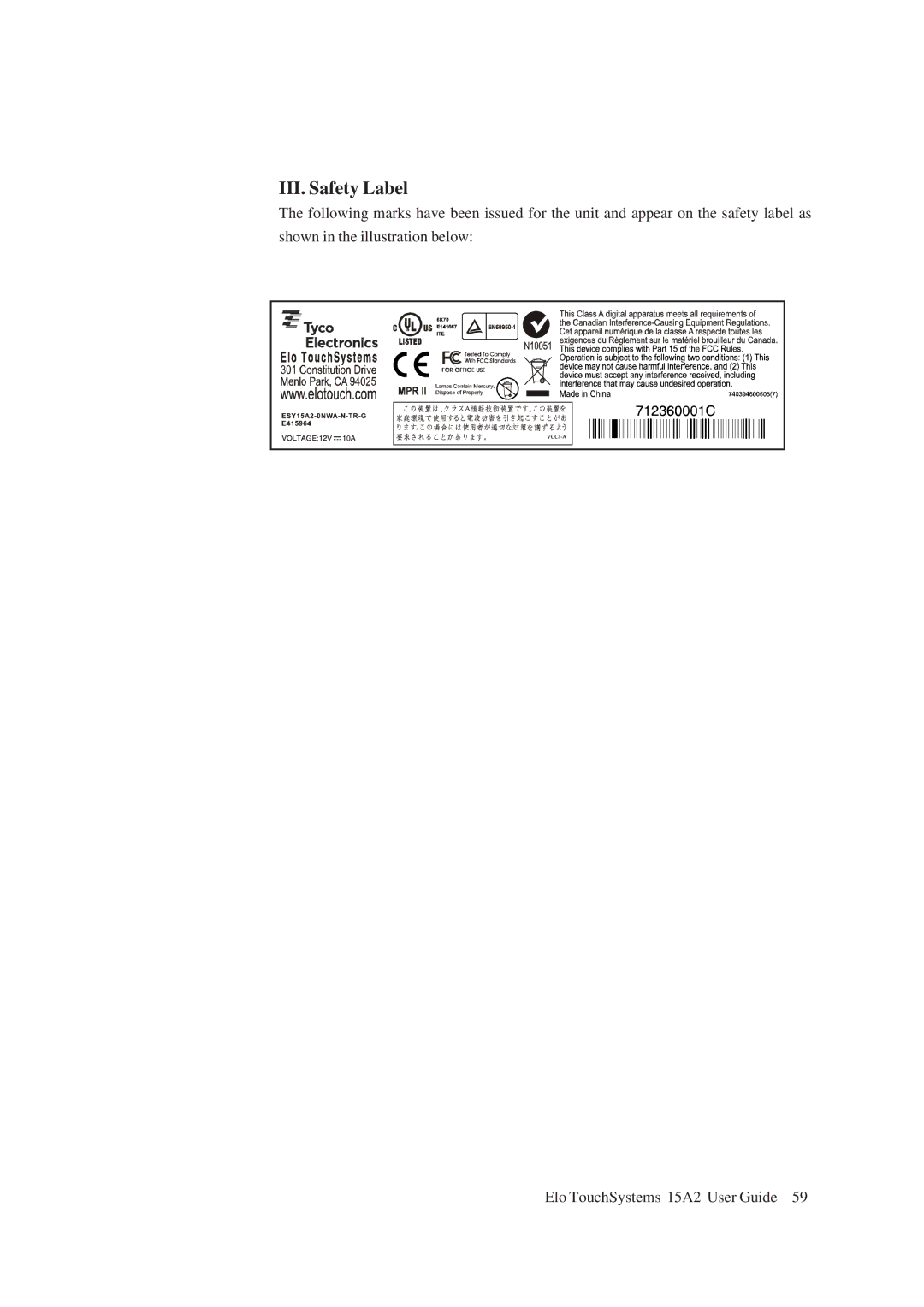 Tyco Electronics 15A2 15" LCD Multifuntion Touchcomputer, ESY15A2 manual III. Safety Label 