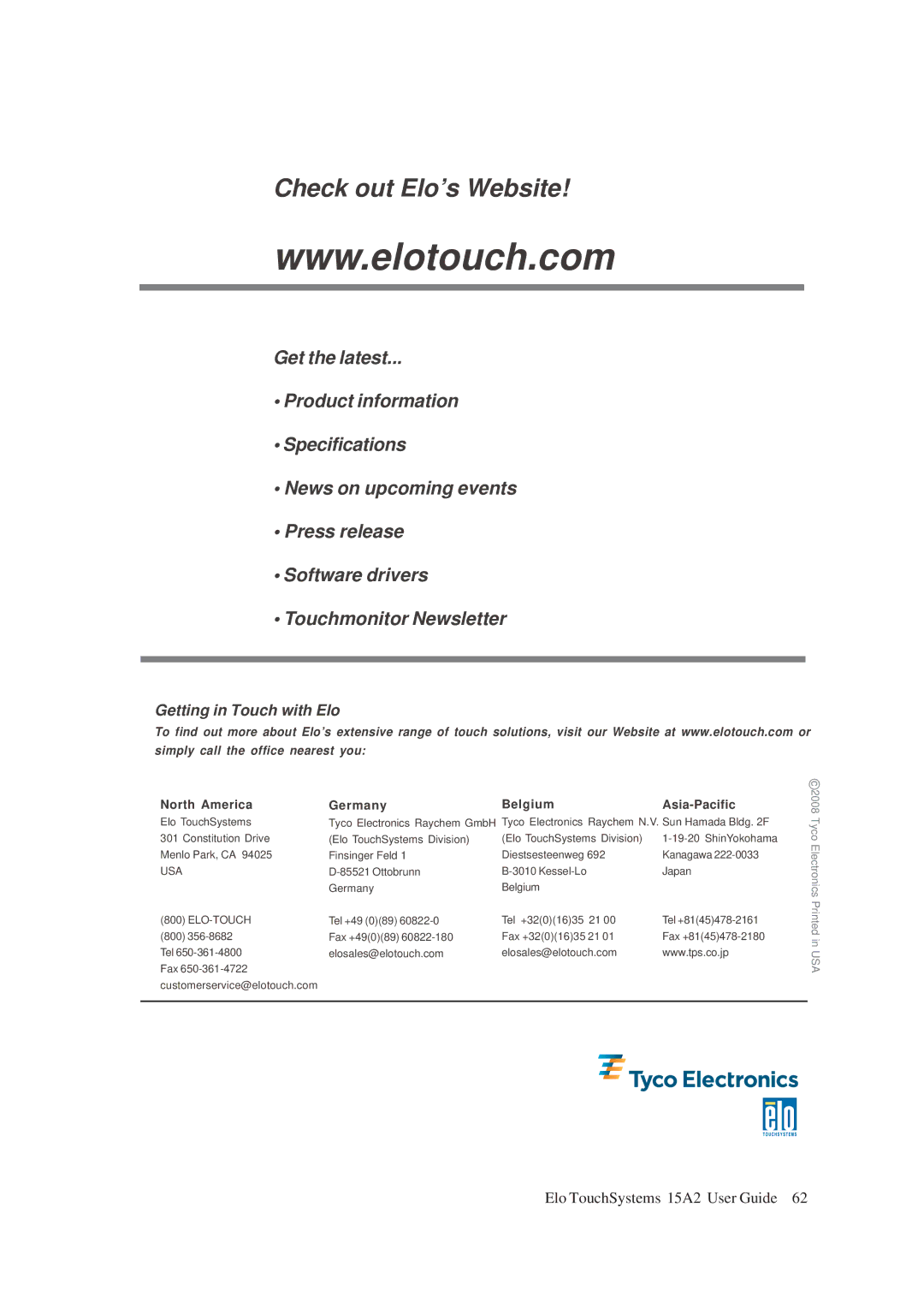 Tyco Electronics ESY15A2, 15A2 15 LCD Multifuntion Touchcomputer manual Check out Elo’s Website 