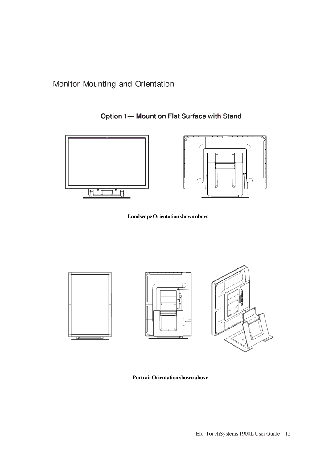 Tyco Electronics ET 1900L manual Monitor Mounting and Orientation, Option 1- Mount on Flat Surface with Stand 