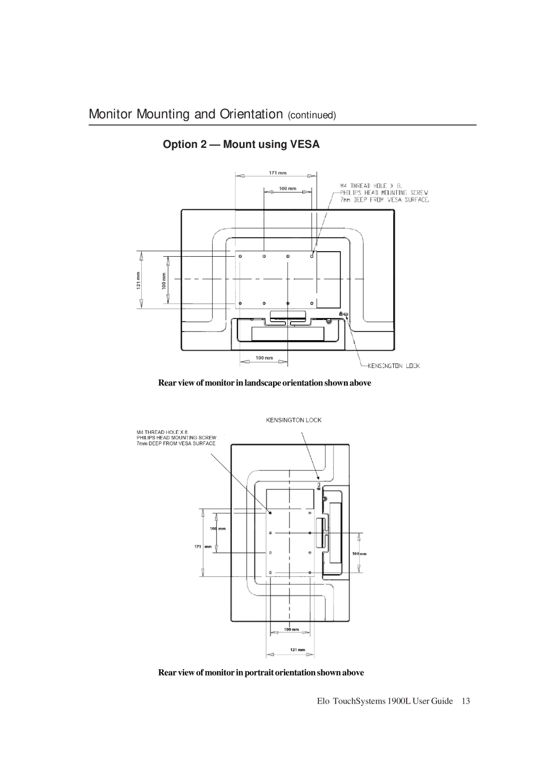 Tyco Electronics ET 1900L manual Option 2 Mount using Vesa 