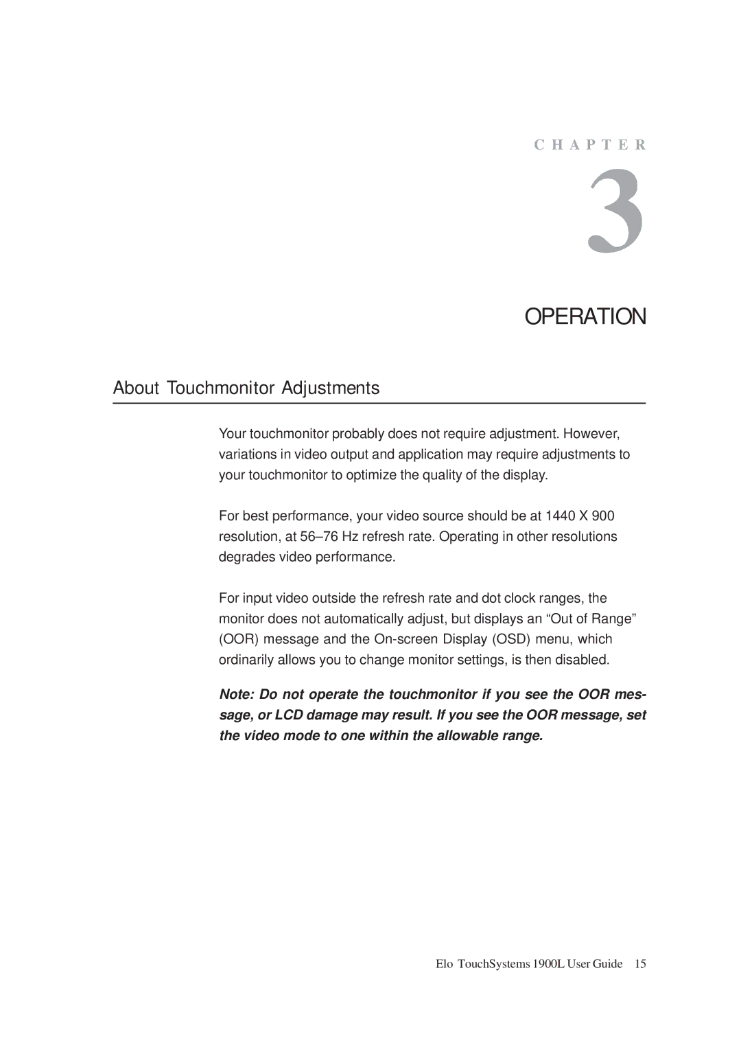 Tyco Electronics ET 1900L manual Operation, About Touchmonitor Adjustments 