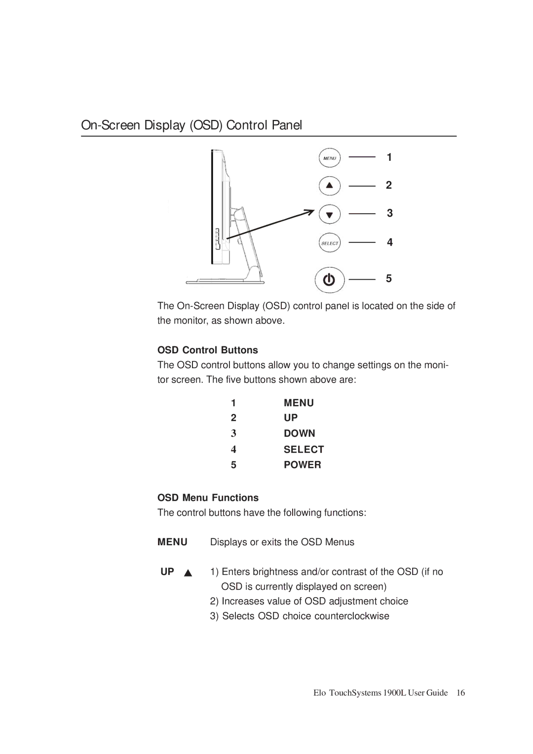 Tyco Electronics ET 1900L manual On-Screen Display OSD Control Panel, OSD Control Buttons, OSD Menu Functions 