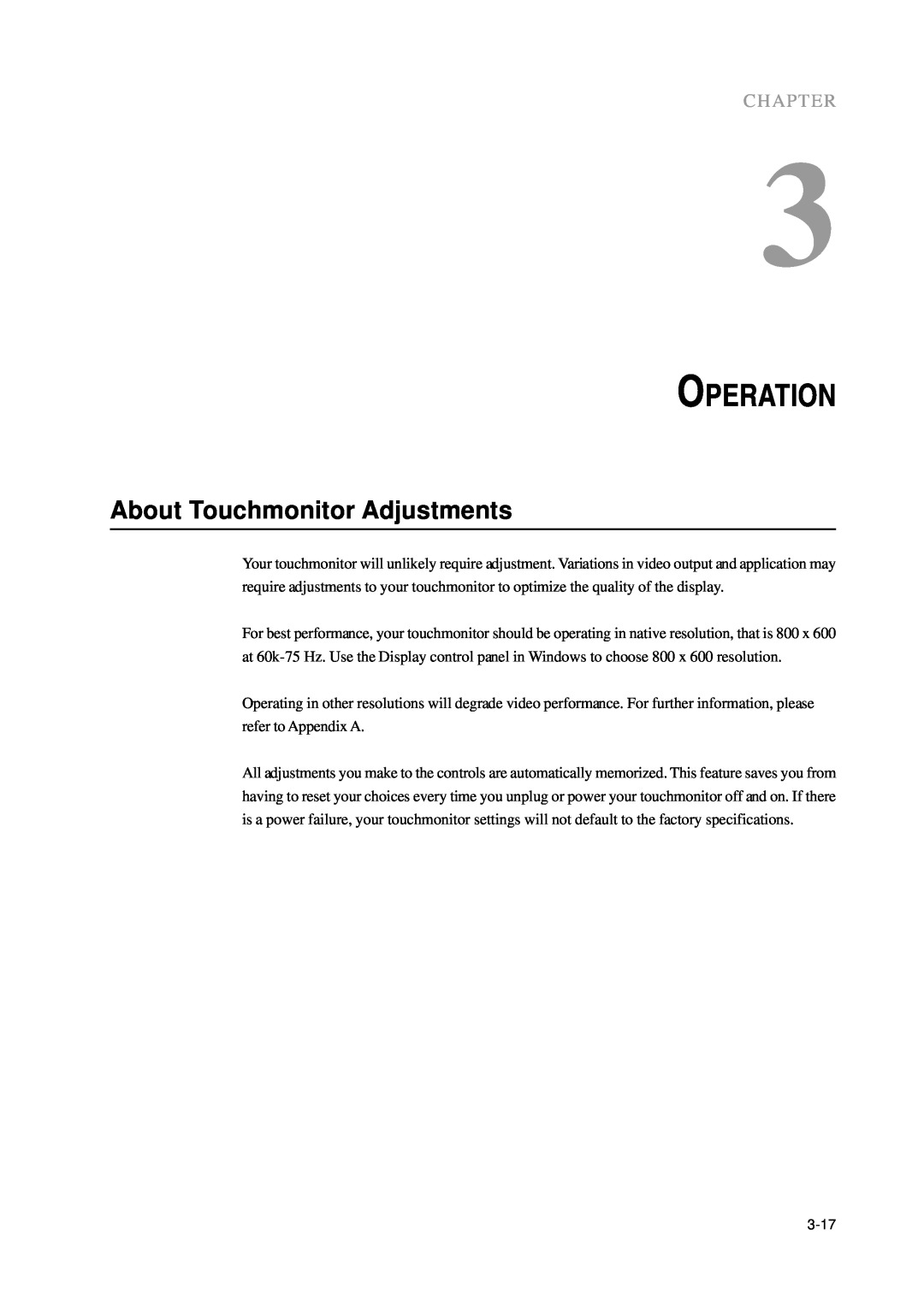 Tyco Electronics B1ET-1215L, ET1215L manual Operation, About Touchmonitor Adjustments, Chapter 