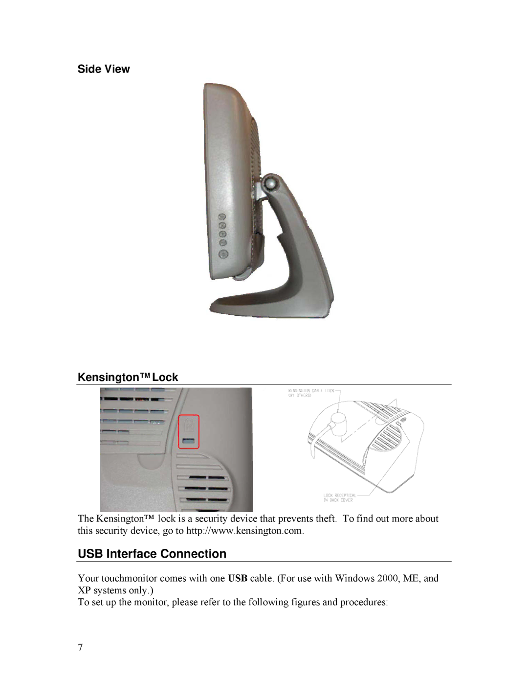 Tyco Electronics ET1528L manual USB Interface Connection, Side View Kensington Lock 