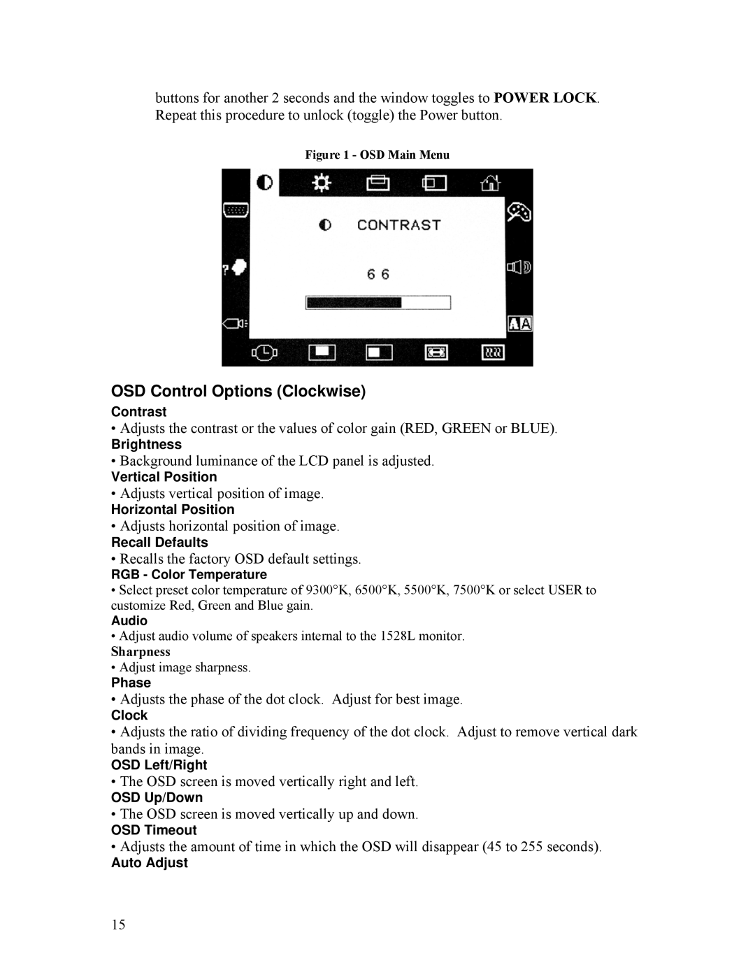 Tyco Electronics ET1528L manual OSD Control Options Clockwise, Recalls the factory OSD default settings 