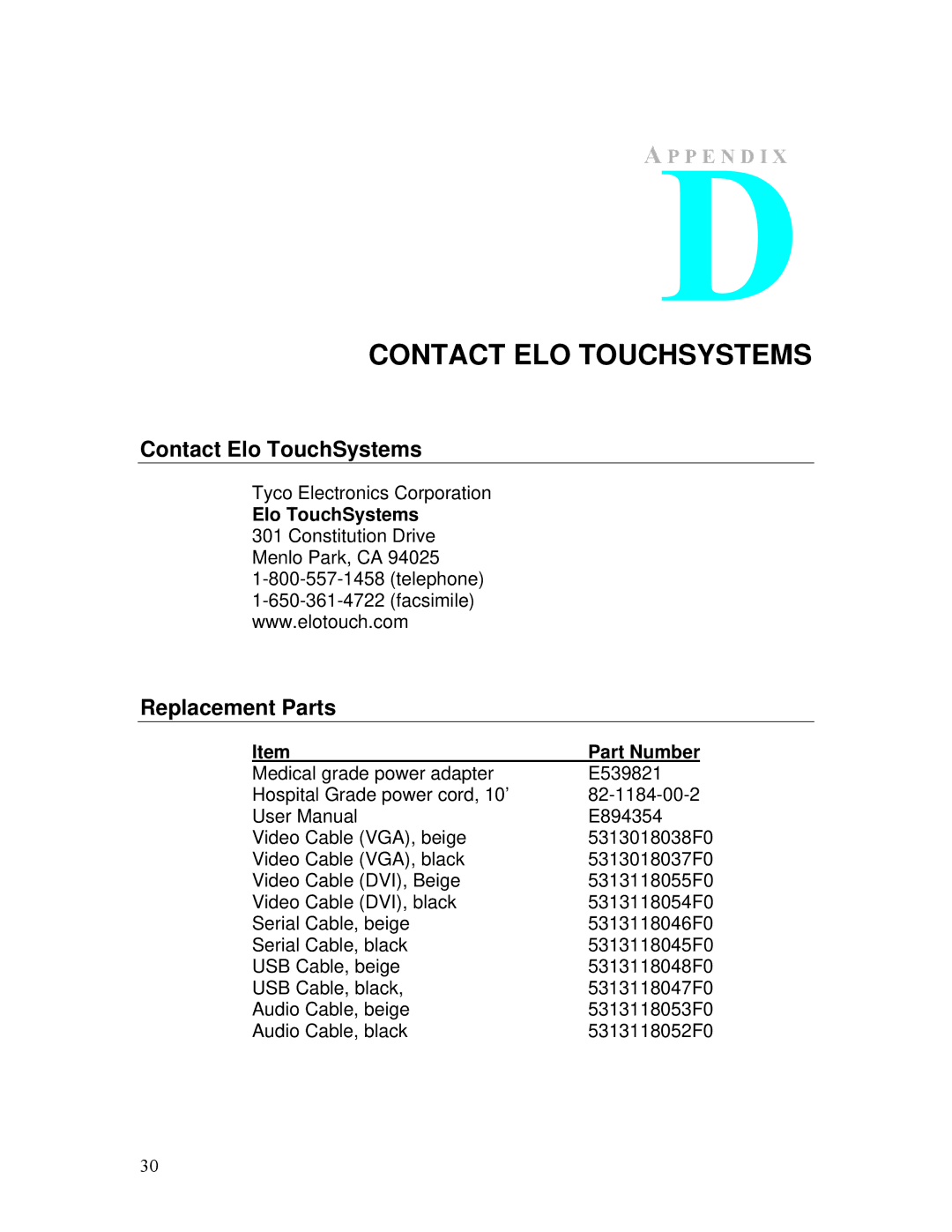 Tyco Electronics ET1528L manual Contact ELO Touchsystems, Contact Elo TouchSystems, Replacement Parts 