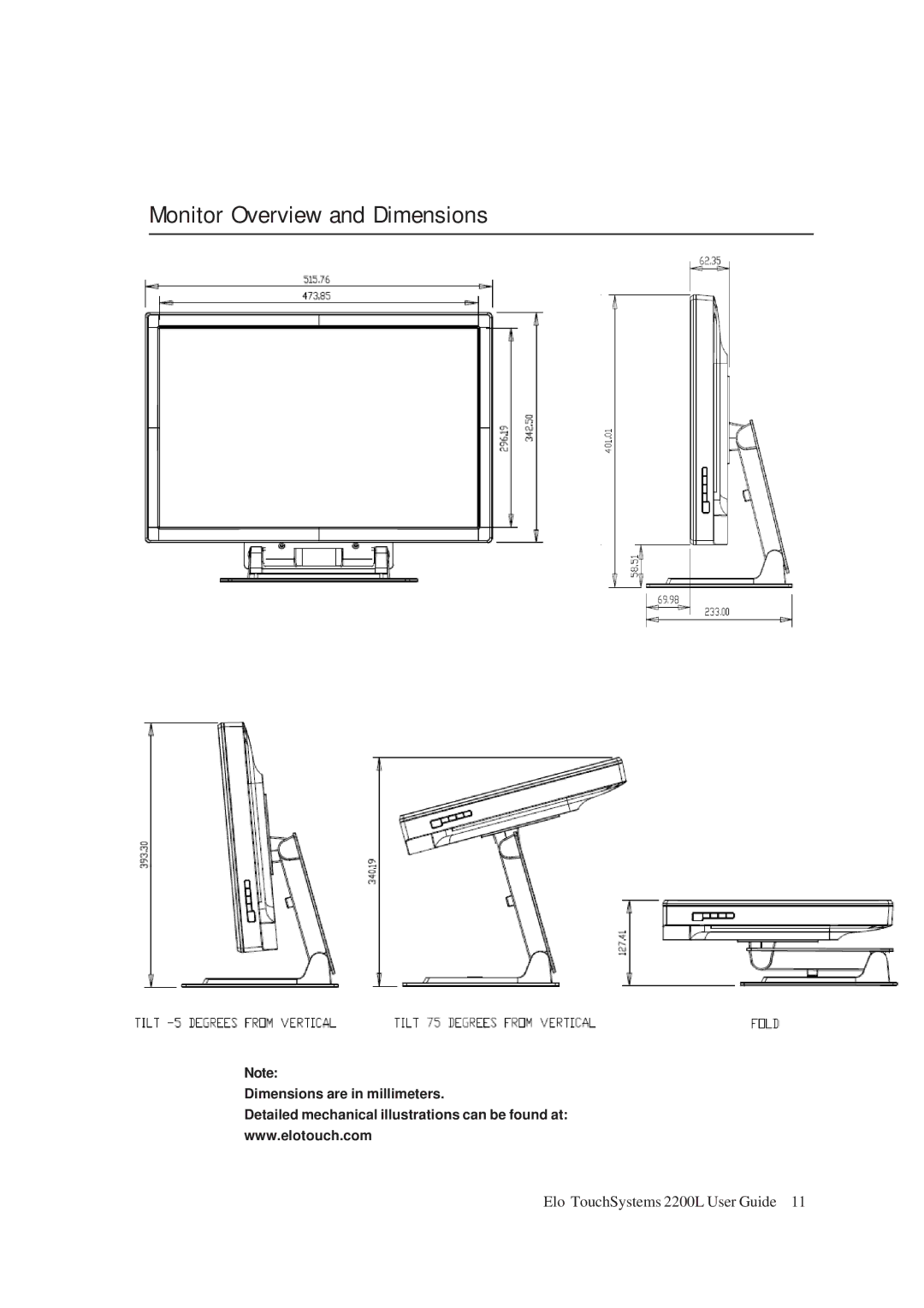 Tyco Electronics ET2200L manual Monitor Overview and Dimensions 