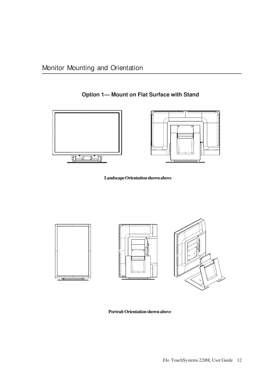 Tyco Electronics ET2200L manual Monitor Mounting and Orientation, Option 1- Mount on Flat Surface with Stand 