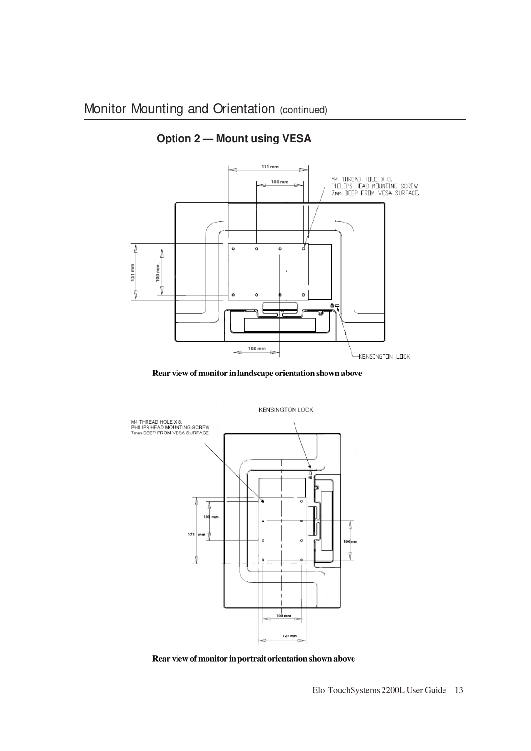 Tyco Electronics ET2200L manual Option 2 Mount using Vesa 